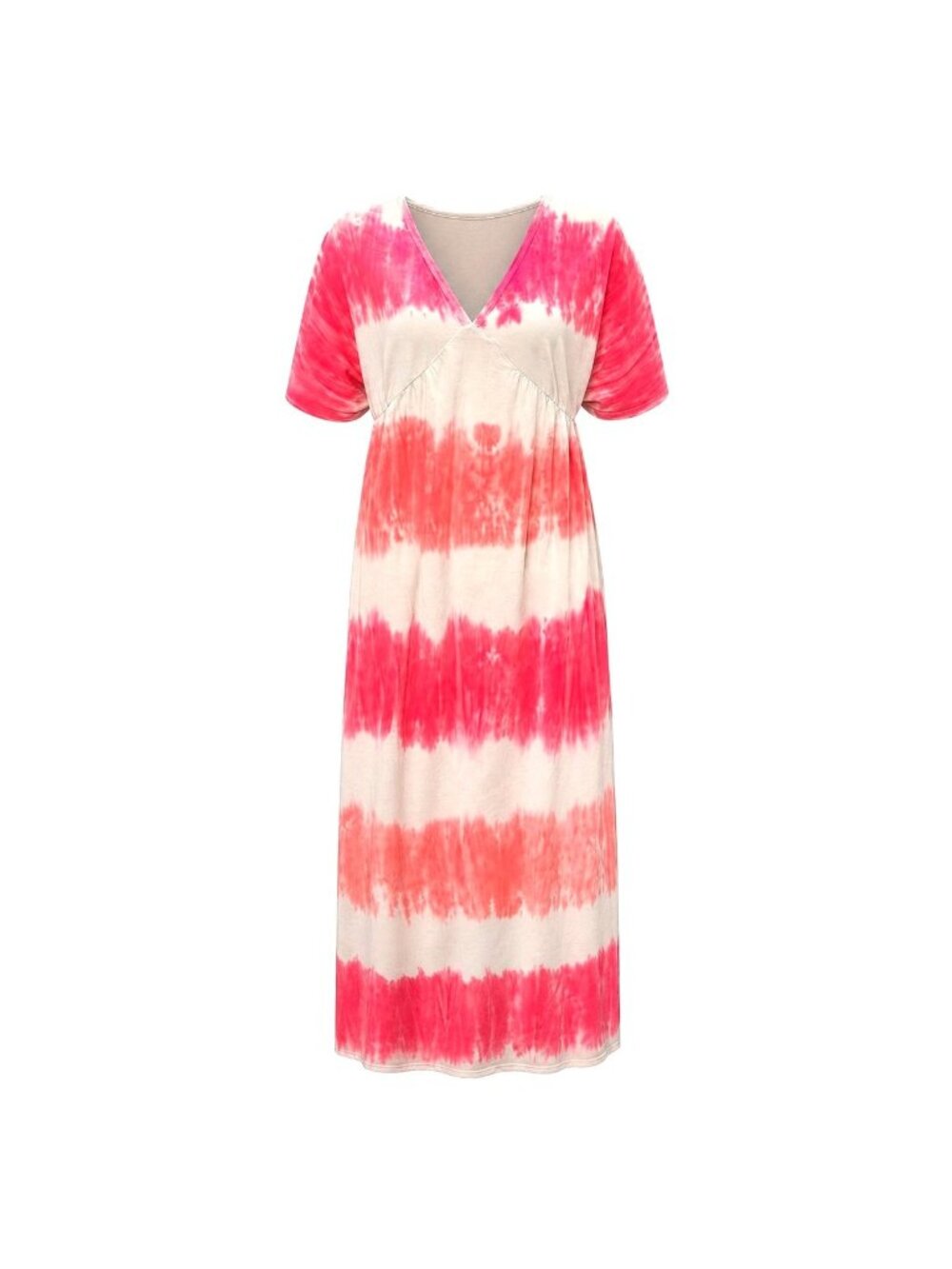 Tie Dye Short Sleeve Maxi Dress V Neck Pink Orange Stripe Boho Beach Relaxed Fit